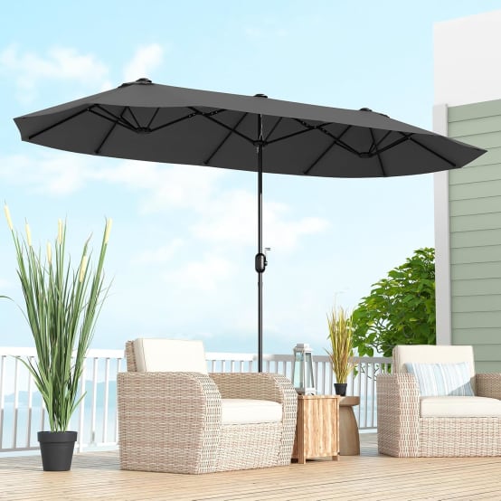 Bigroof Parasol De Terrasse Double Face Avec Base Et Manivelle, Parasol Rectangulaire Extra Large Pour Terrasse, Pelouse Et Jardin, Beige, 4,6 X 2,7 M, Gris