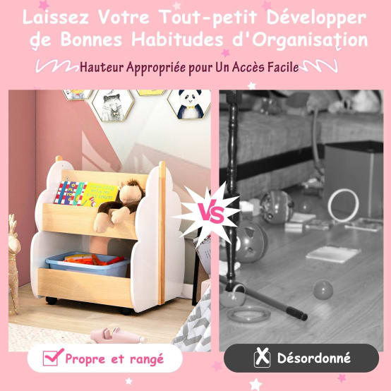 COSTWAY Bibliothèque Enfants En Bois Avec Forme D'Arbre, Étagère De Rangement Jouets Avec 4 Roues Universelles, Organisateur à 2 Niveaux Pour Livres Jouets, 3 Ans