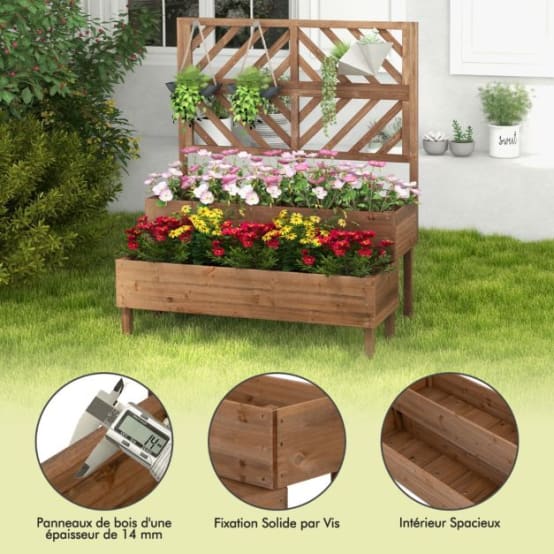 Jardinière Avec Treillis En Bois Sapin, Bac à Fleurs Avec Roues