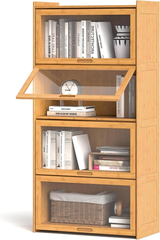 Bibliothèque De Bureau En Bambou Rétractable Avec Double Tiroirs