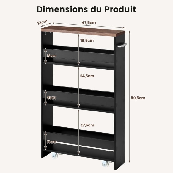 Desserte De Cuisine à Roulettes Multi-rangements 4 Paniers Métal Tiroir
