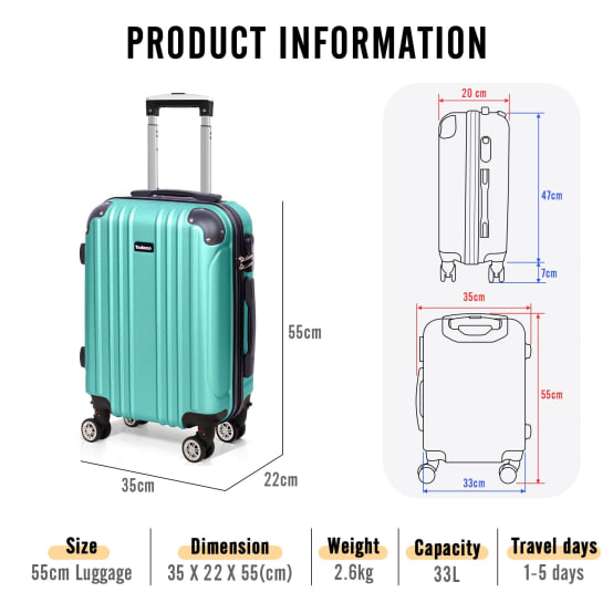 Todeco Valise Cabine 55cm, Valise à Main légère avec Coque Rigide