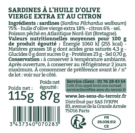 Sardines Bretagne huile olive citron 115 g Les Sens du Terroir