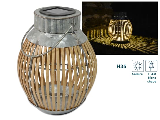 Lanterne solaire Bambou Naturel et Gris Ø 19 x H 35 cm Jardiland